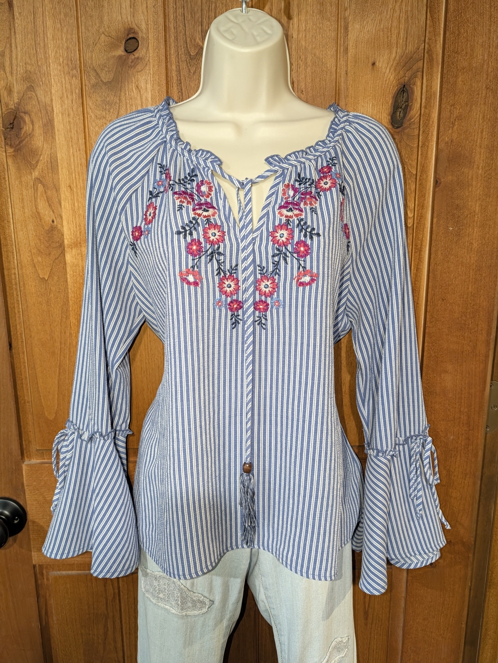 Xhilaration Blue-and-White Striped Peasant Top with Pink Floral Embroidery